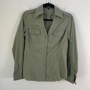 Express Design Studio Womens Small Olive Green Button Up Shirt Roll Tab Sleeve